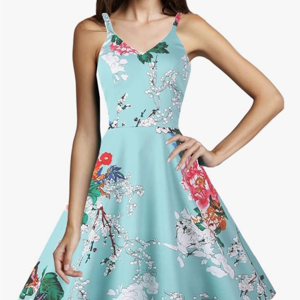 Retro Spaghetti Strap picnic dress Light blue with painted floral print. NWOT - Picture 2 of 3